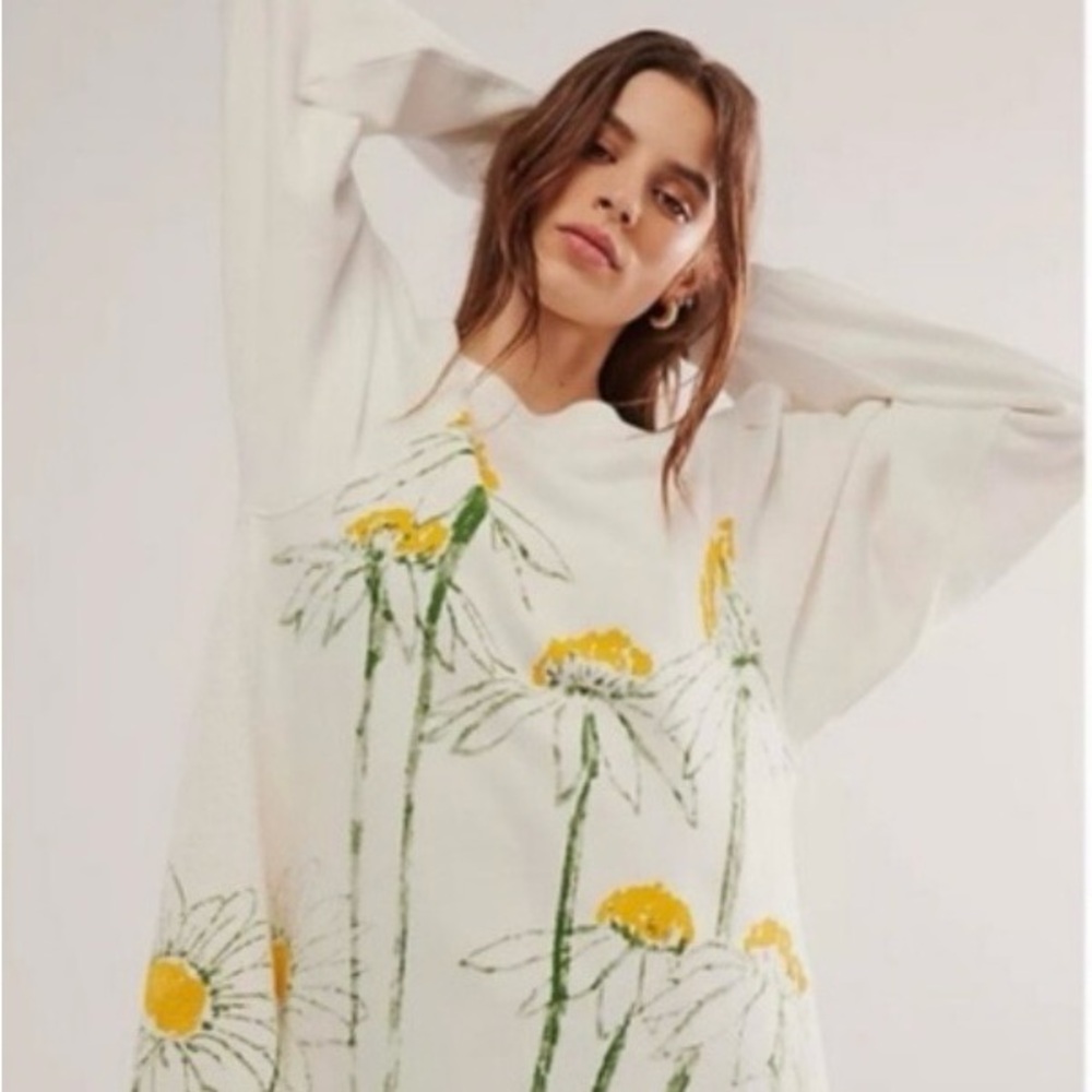 Free People Cream Floral Daisy Oversized Sweatshirt with Yellow and Green Print